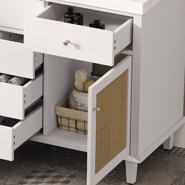English Elm Christopher Knight Home® - 60" Modern Bathroom Vanity with Durable SMC Sink, Rattan Doors, Soft-Close Drawers, Pine Legs White N817P296130W