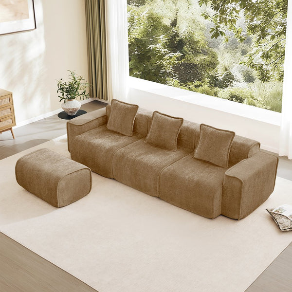 English Elm Streamlined Velvet L-shaped Sectional Sofa with Ottoman and Cloud Cushion Living Room Brown W3041S00373