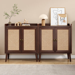 English Elm Sideboard Rattan Door Buffet Cabinet with Baffle Edge, Spacious Storage Credenza for Dining Hallway Walnut T3623P381053