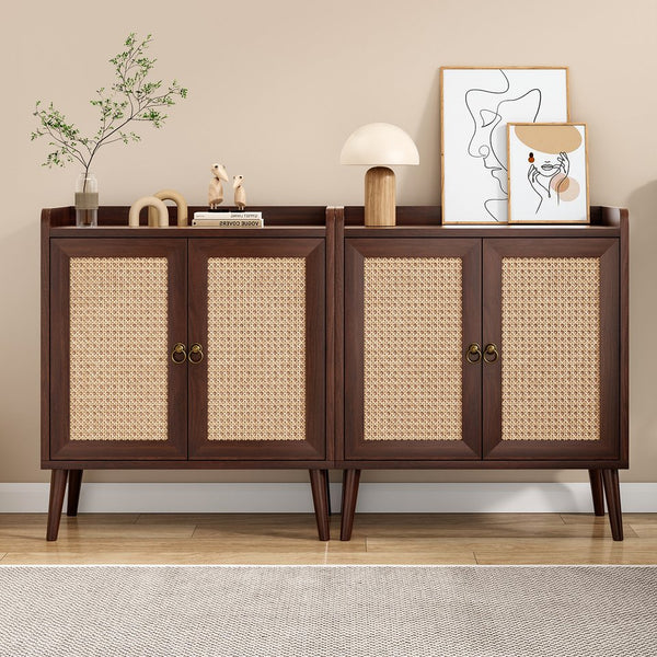 English Elm Sideboard Rattan Door Buffet Cabinet with Baffle Edge, Spacious Storage Credenza for Dining Hallway Walnut T3623P381053