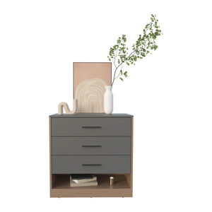 English Elm Dresser, Matte Gray 3-Drawer Chest with Open Shelf, Compact Engineered Wood, Modern Oak Accents B097P296804