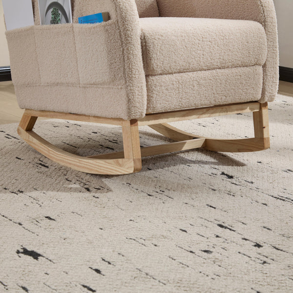 English Elm Modern Upholstered Glider Rocker with Teddy Fabric High Back and Rubberwood Base Beige W3723P409075
