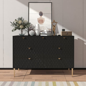 English Elm Modern 7-Drawer Storage Cabinet in Black with Gold Legs & Honeycomb Fronts – Stylish Versatile Organizer for Bedroom, Office, Entryway T3609P347457
