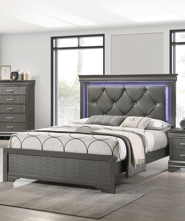 English Elm Dark Gray Tufted Headboard Queen Bed with LED Lights, Faux Leather Diamond Button Design, Elegant Retreat B011S01197