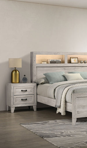 English Elm 3pc Queen Bedroom Set Whitewash Tufted Headboard with Built-in Shelves and Lighting B2741S00223