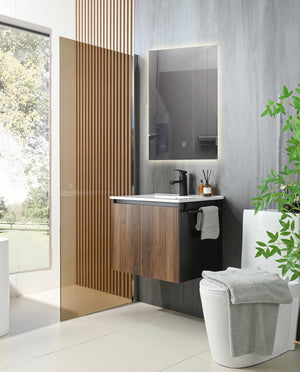 English Elm Goodyo 24" Wall-Mount Floating Bathroom Vanity Cabinet with Soft-Close Doors Stainless Towel Rack Black + Dark Walnut D163120298