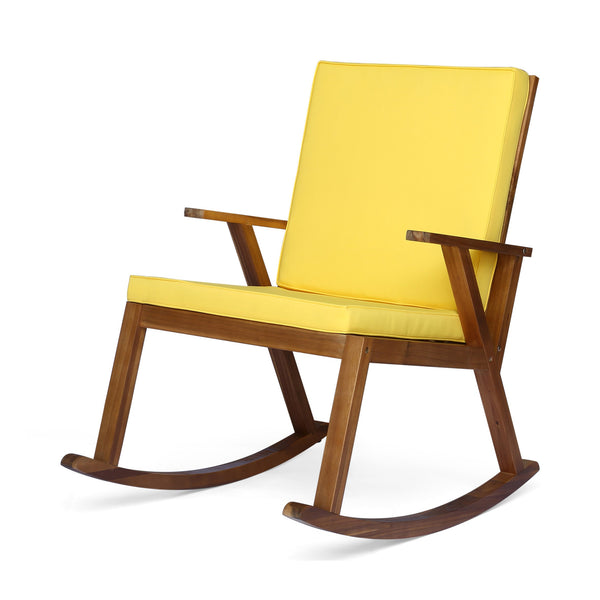 English Elm Champlain Outdoor Acacia Wood Rocking Chair with Cross-back Design and Cushions Teak+Yellow 62685.00YLW