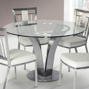 English Elm Cleo Square Tempered Glass Dining Table with Sculptural Brushed Steel Base Seats Four B2736S00034