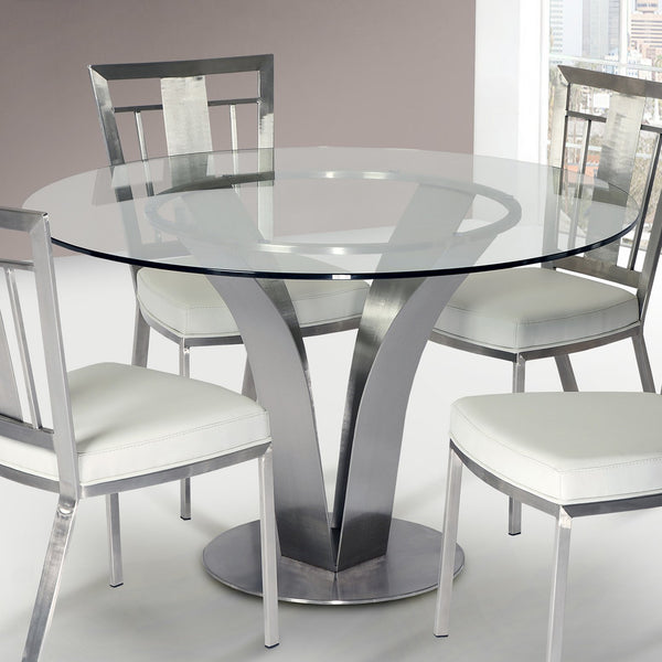 English Elm Cleo Square Tempered Glass Dining Table with Sculptural Brushed Steel Base Seats Four B2736S00034
