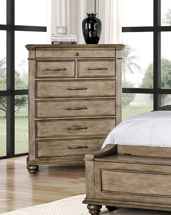 English Elm Transitional 7 Drawer Chest Aged Oak Veneer Bun Feet Ball Bearing Glides Bedroom B2741P372699