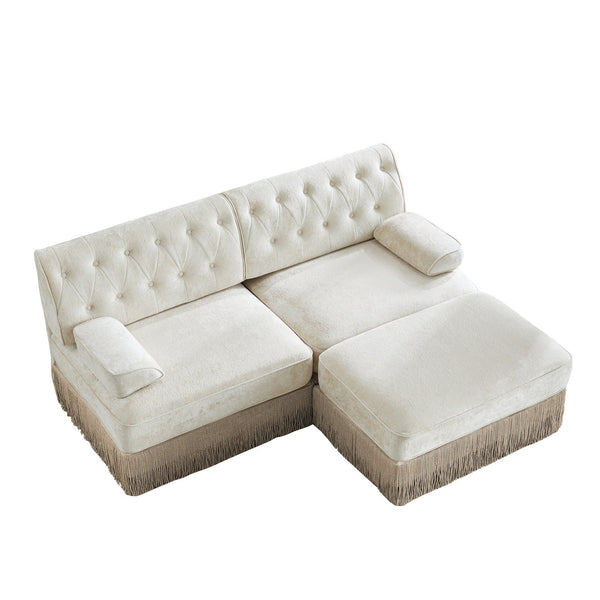 English Elm L-shaped Velvet Chesterfield Sectional Sofa with Tassel Skirt and Tufted Modular Design Beige W714S01682
