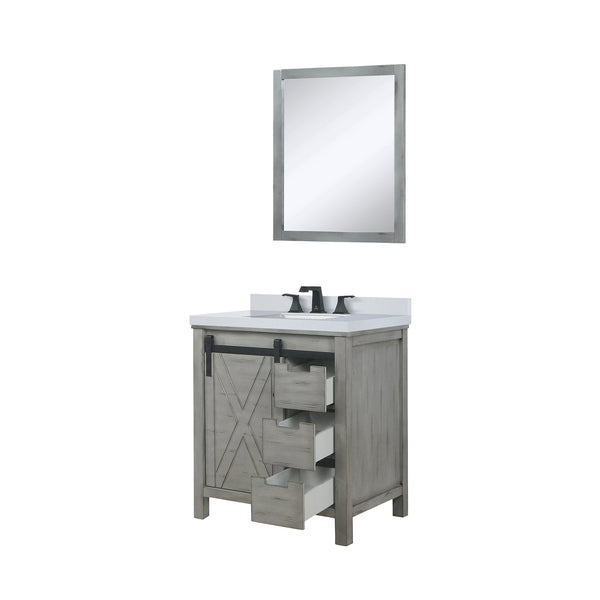 English Elm Ash Grey Bath Vanity 30x22 with White Quartz Top, Matte Black Faucet, 28in Mirror, Scratch-Resistant Finish B2731S01275