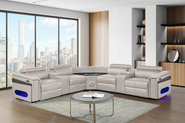 English Elm Nova Tech Sectional with Led Bar Bluetooth Speakers Power Recliners and Freezer Console Gray B009S02168