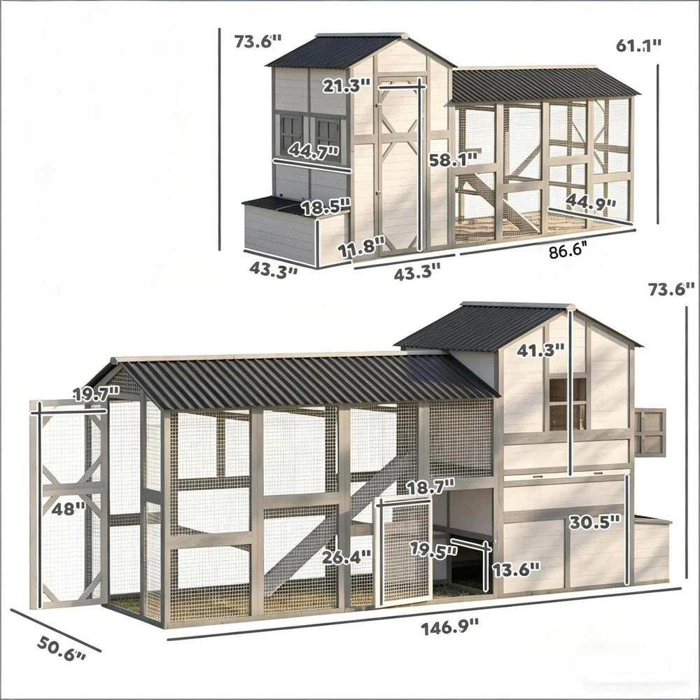 English Elm Outdoor Fir Wood Two Level Chicken Coop with Run Nesting Box and Pull Out Tray T3971S00254