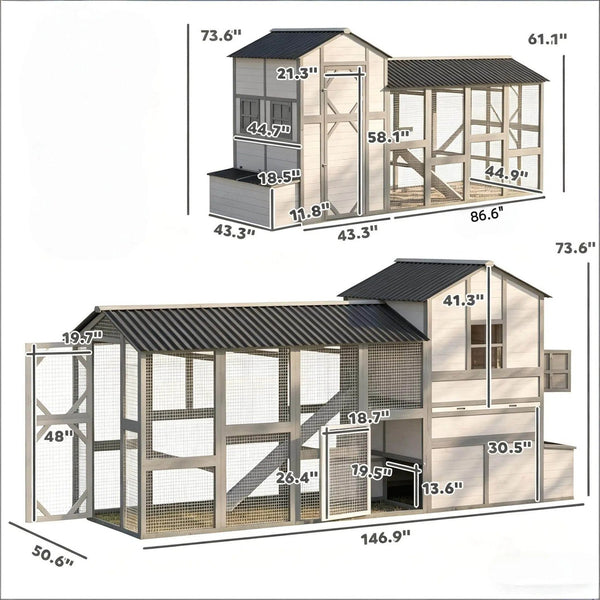 English Elm Outdoor Fir Wood Two Level Chicken Coop with Run Nesting Box and Pull Out Tray T3971S00254