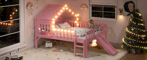 English Elm Twin Playhouse Loft Bed Solid Pine Frame with Slide Led Lights and Star Roof Pink W5316S00006