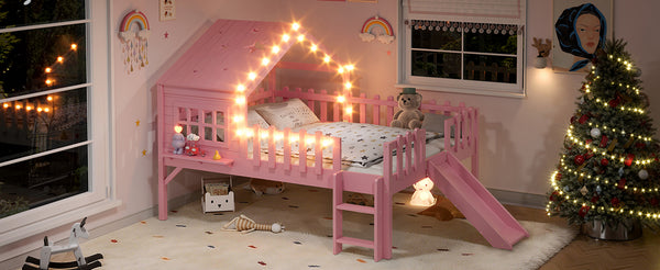 English Elm Twin Playhouse Loft Bed Solid Pine Frame with Slide Led Lights and Star Roof Pink W5316S00006