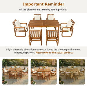 English Elm Outdoor Acacia Wood Dining Set Seats Six with Cushioned Armrest Chairs for Patio Beige,Natural Wood N719Z000200A