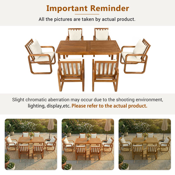 English Elm Outdoor Acacia Wood Dining Set Seats Six with Cushioned Armrest Chairs for Patio Beige,Natural Wood N719Z000200A