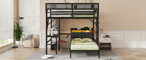 English Elm Full Full over Twin Metal Bunk Bed with Desk, Bookshelves, LED Lighting & USB Charge Station, Black W2580S00040
