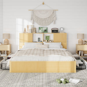 English Elm Queen Storage Bed Oak Finish Sliding Barn Door Headboard with Built-in Charging T3773P417198