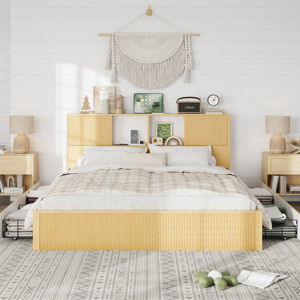 English Elm Queen Storage Bed Oak Finish Sliding Barn Door Headboard with Built-in Charging T3773P417198