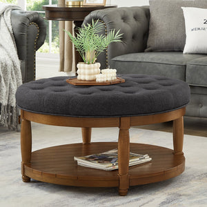 English Elm Large Tufted Linen Round Ottoman with Solid Wood Shelf Footrest for Living Room W2186P400511