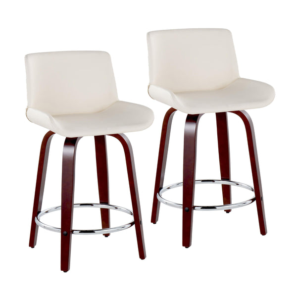English Elm Fixed-height Swivel Counterstools Mid-century Mahogany Legs Chrome Footrest Set of 2 White B202S01766