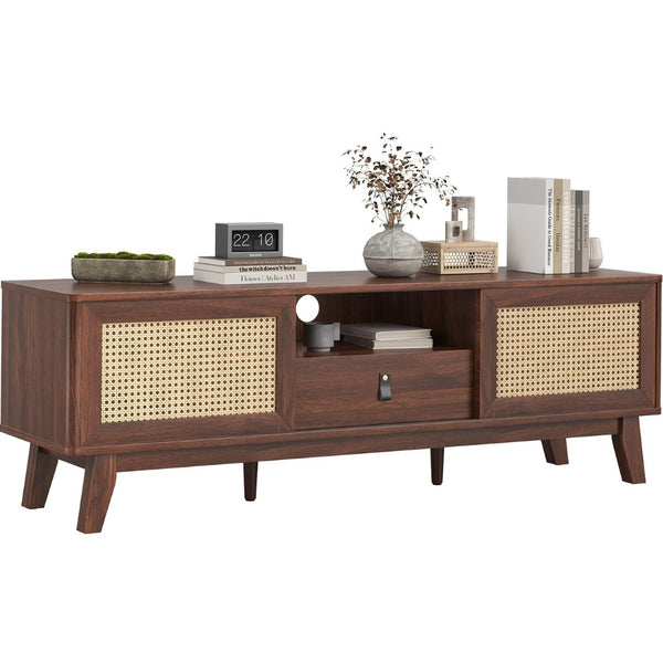 English Elm Rattan Tv Stand With Mid-Century Modern Design, Boho Style, Storage Drawers & Cable Management Solution T3623P380522-GIGA