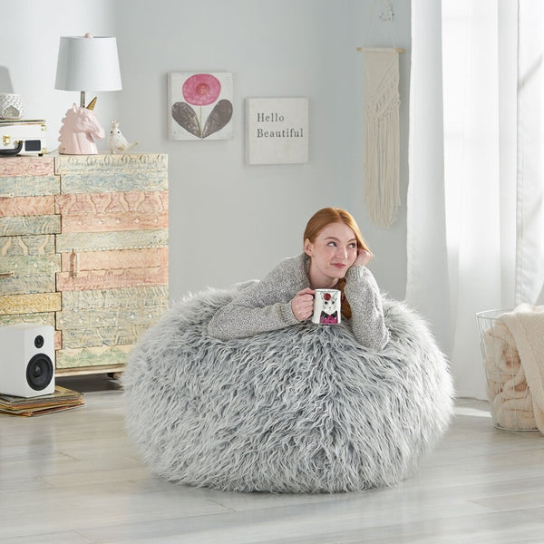 English Elm Christopher Knight Home® - Hawley Silver Gray Faux Fur 3-Foot Bean Bag Chair – Ultra Fluffy Cozy Foam-Filled Lounger, 34" N778P185630S
