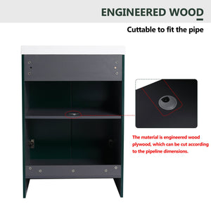 English Elm 24" Freestanding Bathroom Vanity with Resin Integrated Sink, Soft-Close Doors, Adjustable Shelf, Durable Plywood Finish Dark Green W999S00270