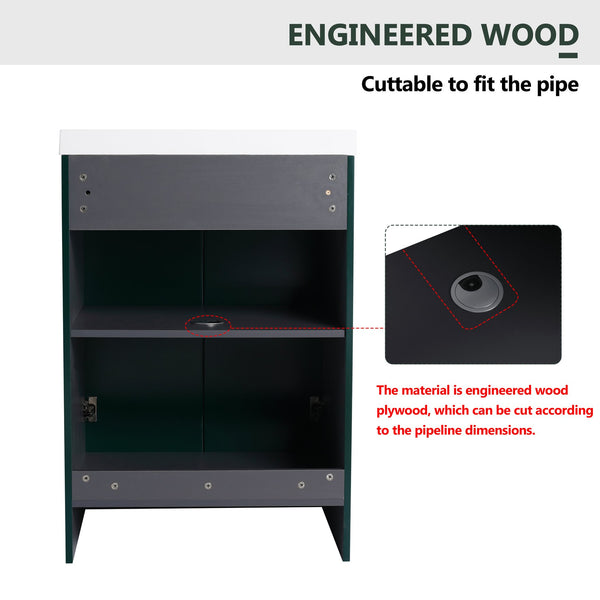 English Elm 24" Freestanding Bathroom Vanity with Resin Integrated Sink, Soft-Close Doors, Adjustable Shelf, Durable Plywood Finish Dark Green W999S00270