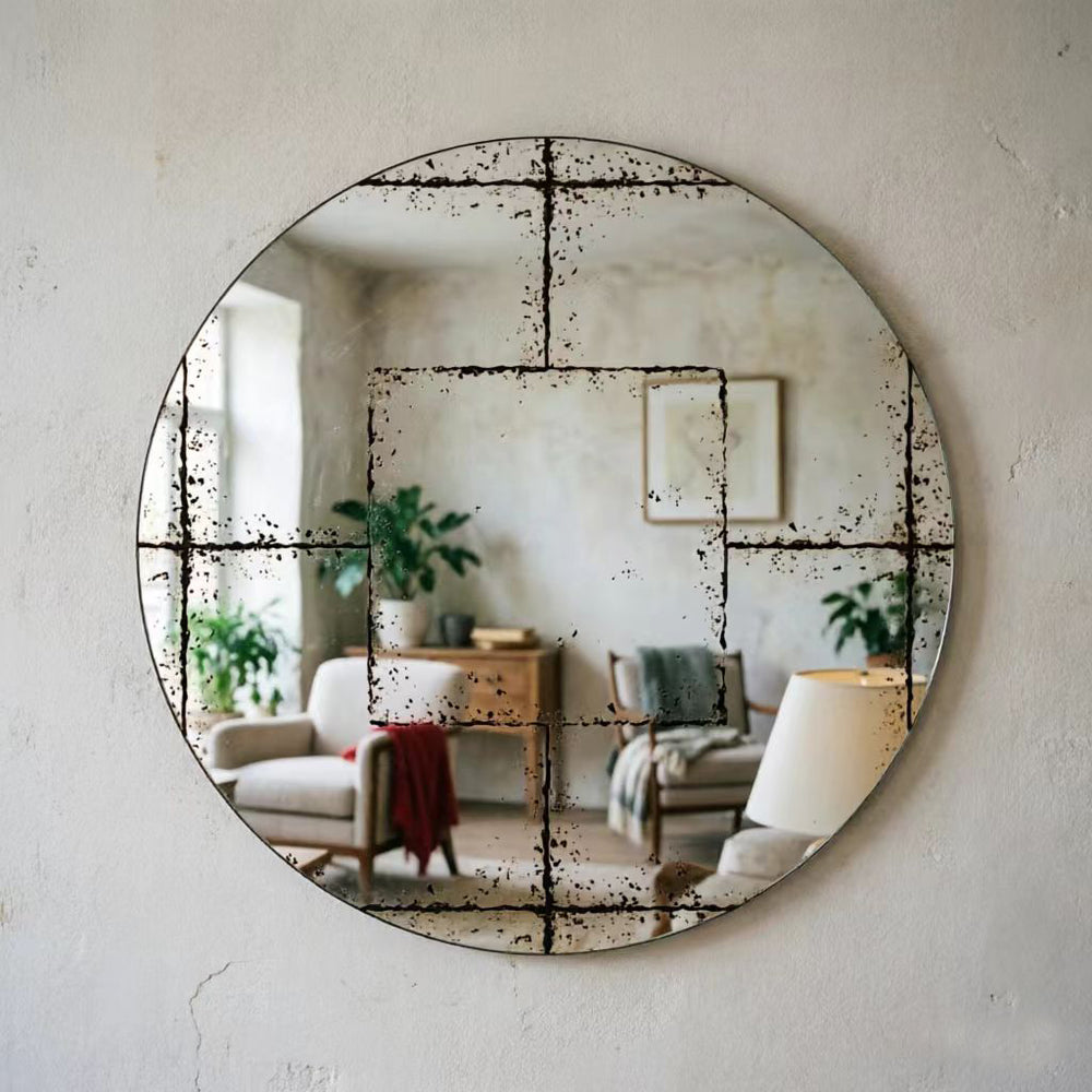 English Elm Round Iron Framed Wall Mirror with Weathered Etched Detail for Living Room or Foyer W3935P406810