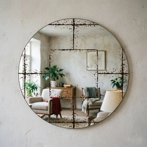 English Elm Round Iron Framed Wall Mirror with Weathered Etched Detail for Living Room or Foyer W3935P406810