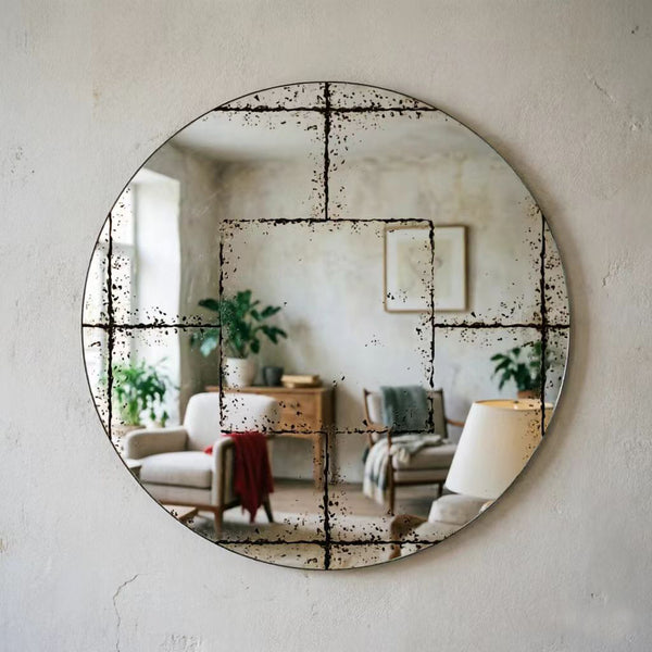 English Elm Round Iron Framed Wall Mirror with Weathered Etched Detail for Living Room or Foyer W3935P406810