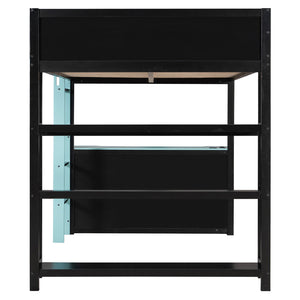 English Elm Full Size Gaming Loft Bed with Led Lighting Desk Shelves and Usb Charging Ports Black+Blue N820S00076C