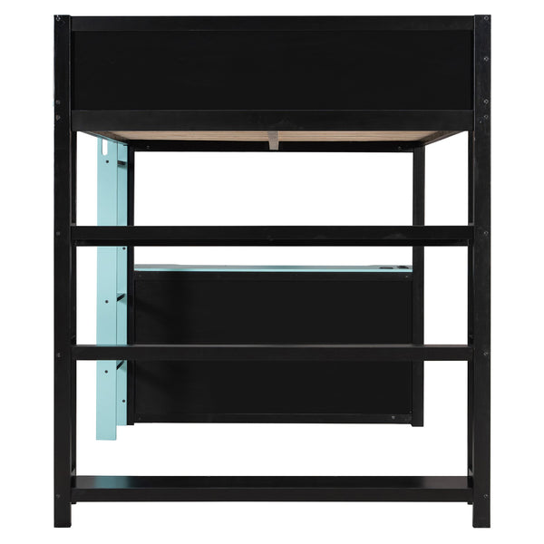 English Elm Full Size Gaming Loft Bed with Led Lighting Desk Shelves and Usb Charging Ports Black+Blue N820S00076C