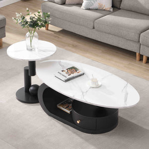 English Elm Modern Nesting Coffee Table Set - Stylish 2-Piece Oval & Round Design With Faux Marble & Storage Drawer W821S00004