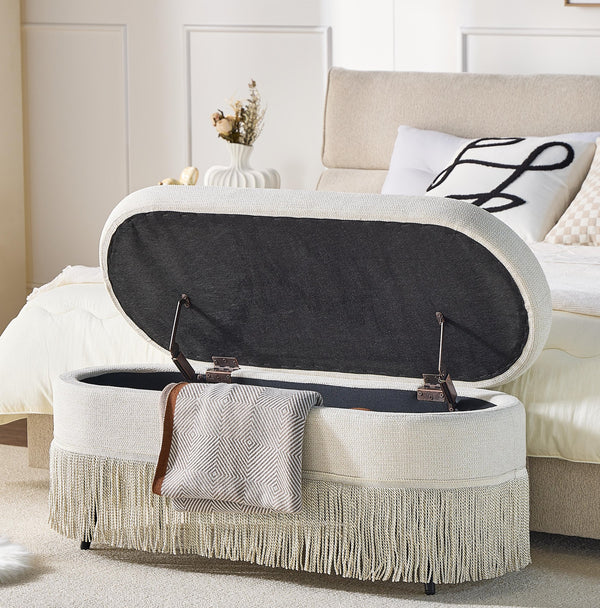 English Elm Oval Fringe Trim Upholstered Lift Top Storage Ottoman Stylish Footrest for Any Room Beige W5501P462403