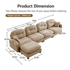 English Elm Modular Sectional L-Shaped Couch With Movable Ottoman, Soft Camel Chenille, Ergonomic Comfort Design W714S01382