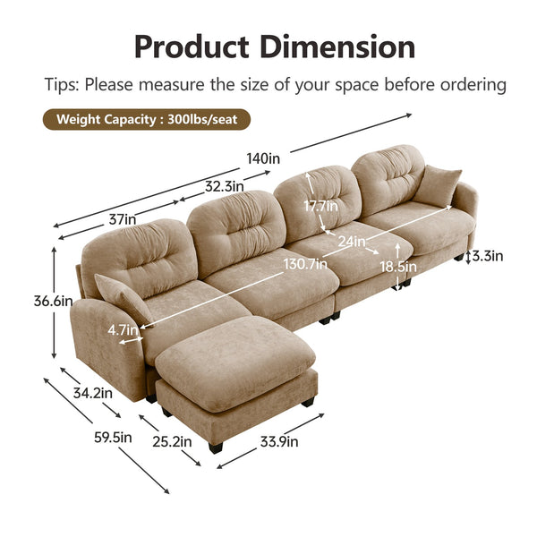 English Elm Modular Sectional L-Shaped Couch With Movable Ottoman, Soft Camel Chenille, Ergonomic Comfort Design W714S01382