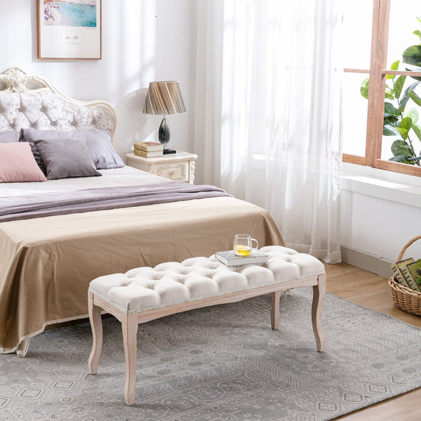 English Elm Bedroom Bench Tufted Linen Seat with Carved Distressed Wood Legs French Country Style Beige W3244P493647