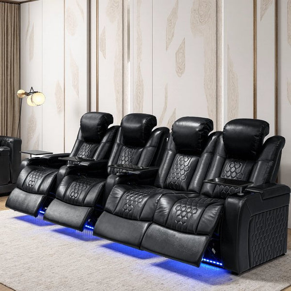 English Elm 124.4"power Recliner Sectional Nappa Leather Home Theater Rgb Led Four Seat Sofa W3819S00095