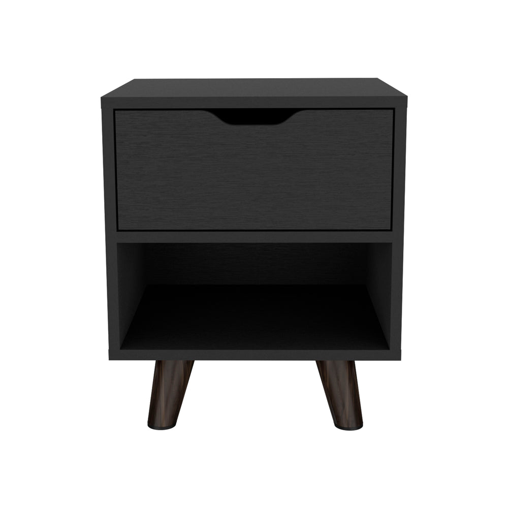 English Elm Crail Nightstand Black with Drawer & Open Shelf, Engineered Wood, Wooden Legs, Modern Durable Design B200P188873