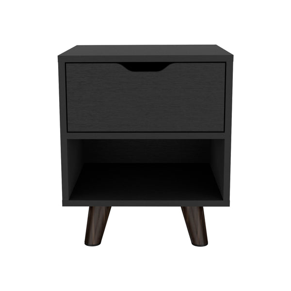 English Elm Crail Nightstand Black with Drawer & Open Shelf, Engineered Wood, Wooden Legs, Modern Durable Design B200P188873