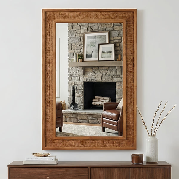 English Elm Natural Rattan Wrapped Solid Wood Frame Rectangle Mirror for Farmhouse Entryway Bath Yellowish-Brown W2203P436625