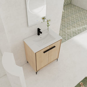 English Elm 30 Inch Oak Bathroom Vanity Base with Basin, Engineered Wood Double-Door Cabinet, Modern Storage W1972S00004