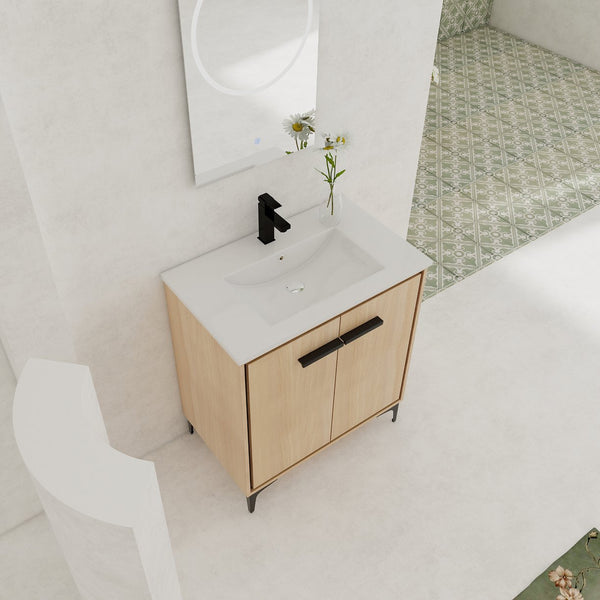 English Elm 30 Inch Oak Bathroom Vanity Base with Basin, Engineered Wood Double-Door Cabinet, Modern Storage W1972S00004