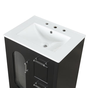 English Elm 24" Modern Bathroom Vanity with Ceramic Sink, Solid Wood & MDF Cabinet, Two Drawers, Shelf Black N725P245273B