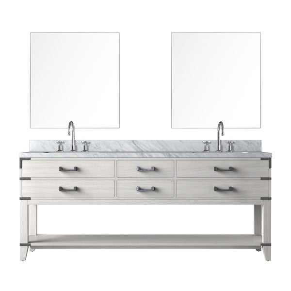 English Elm White Oak Double Bath Vanity Set With Carrara Marble Top, Chrome Faucets, And Matching Mirrors B2731S01908-GIGA